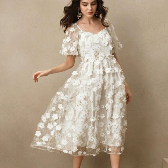 NWT ANEWSTA FLORAL WHITE GOLD ROMANTIC MIDI DRESS ELEGANT ETHEREAL BLOOMCORE MED - Picture 6 of 10